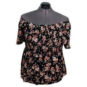 Maurices Black Floral Smocked Off The Shoulder Top (Size 2X)
